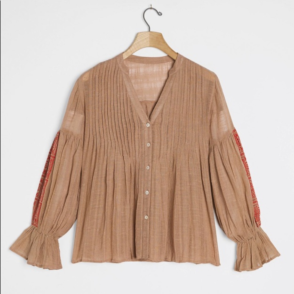 Anthropologie Tan Peasant Blouse with Red Embroidered Sleeves